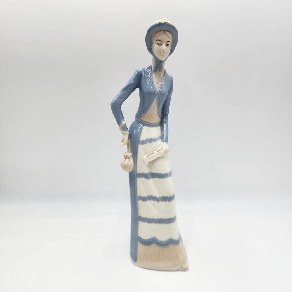 Vintage MORRISON Porcelaine Figurine Lady in Blue Gray Jacket And Skirt 13” Tall